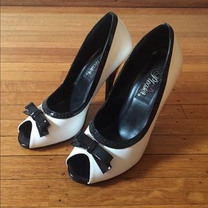 Pleaser White and Black Peep Toe Heels